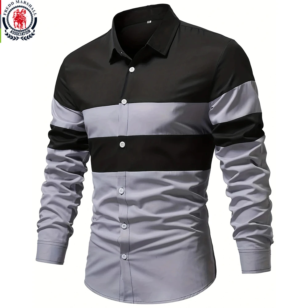 Fredd Marshall 2023 New Fashion Long Sleeve Striped Shirt Men Casual Business Button Down Colorblock Shirts Male Clothing 2010