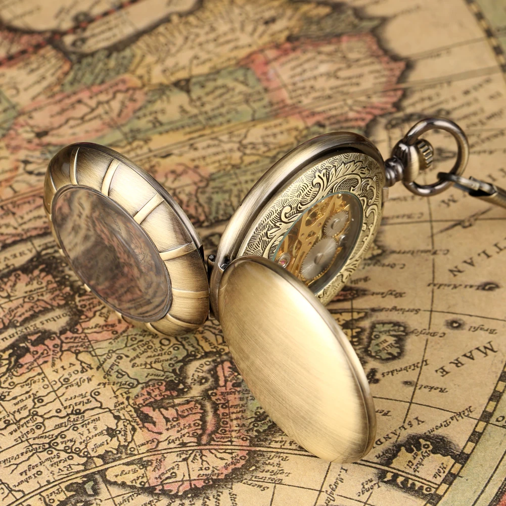 Retro Bronze Mechanical Hand Winding Pocket Watch Roman Numerals Dial Fob Chain Pendant Double Cover Design Stylish Timepiece