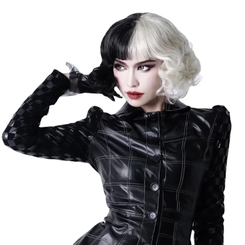 New CRUELLA De Vil Cosplay Wig Half White Half Black Short Curls Wavy Wigs Women Short Bangs Wig Cos Cruella Wig Prop