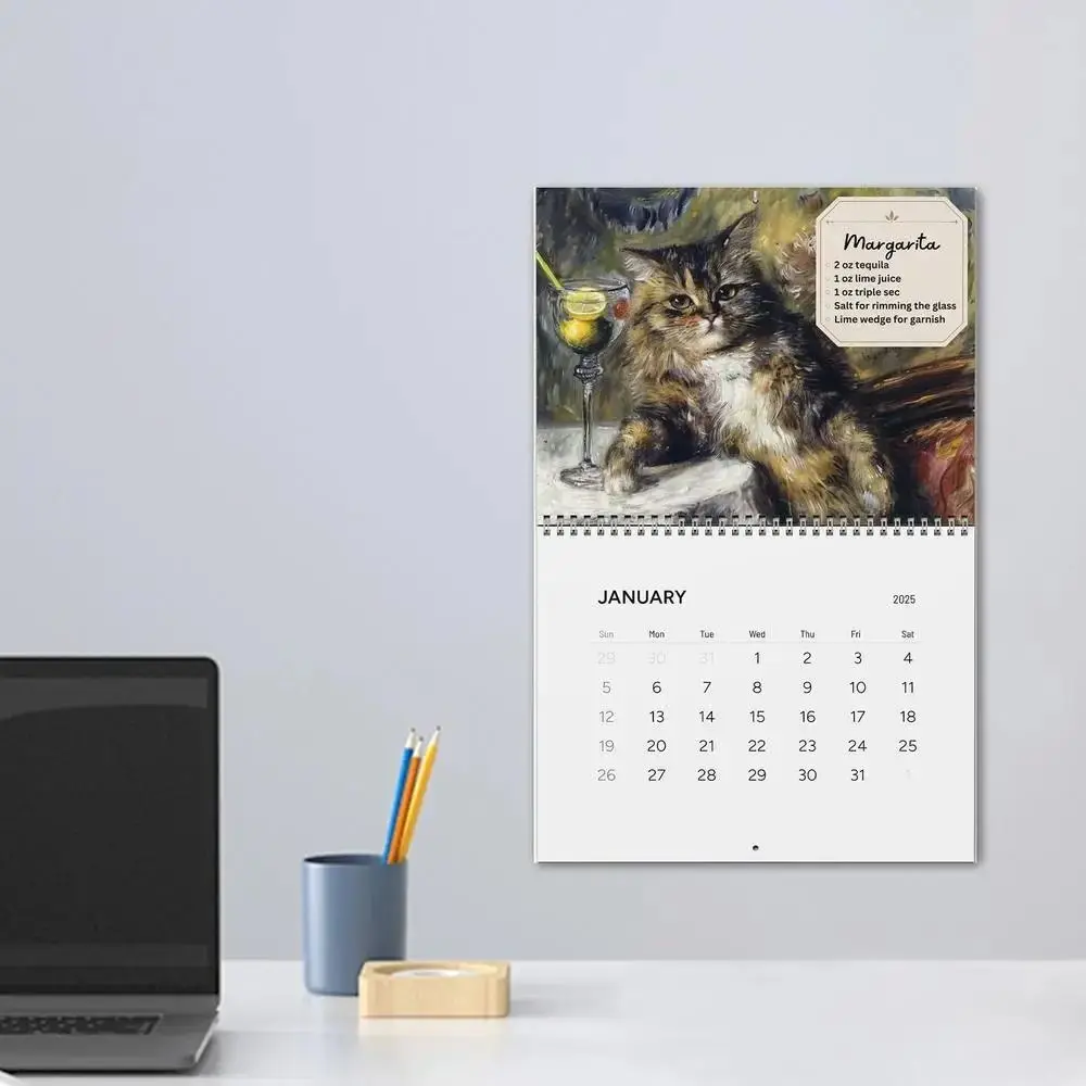 

Daily Weekly Monthly Planner 2025 Cat Cocktails Calendar Hangable Home Ornaments Wall Calendar Animal Pattern Paper