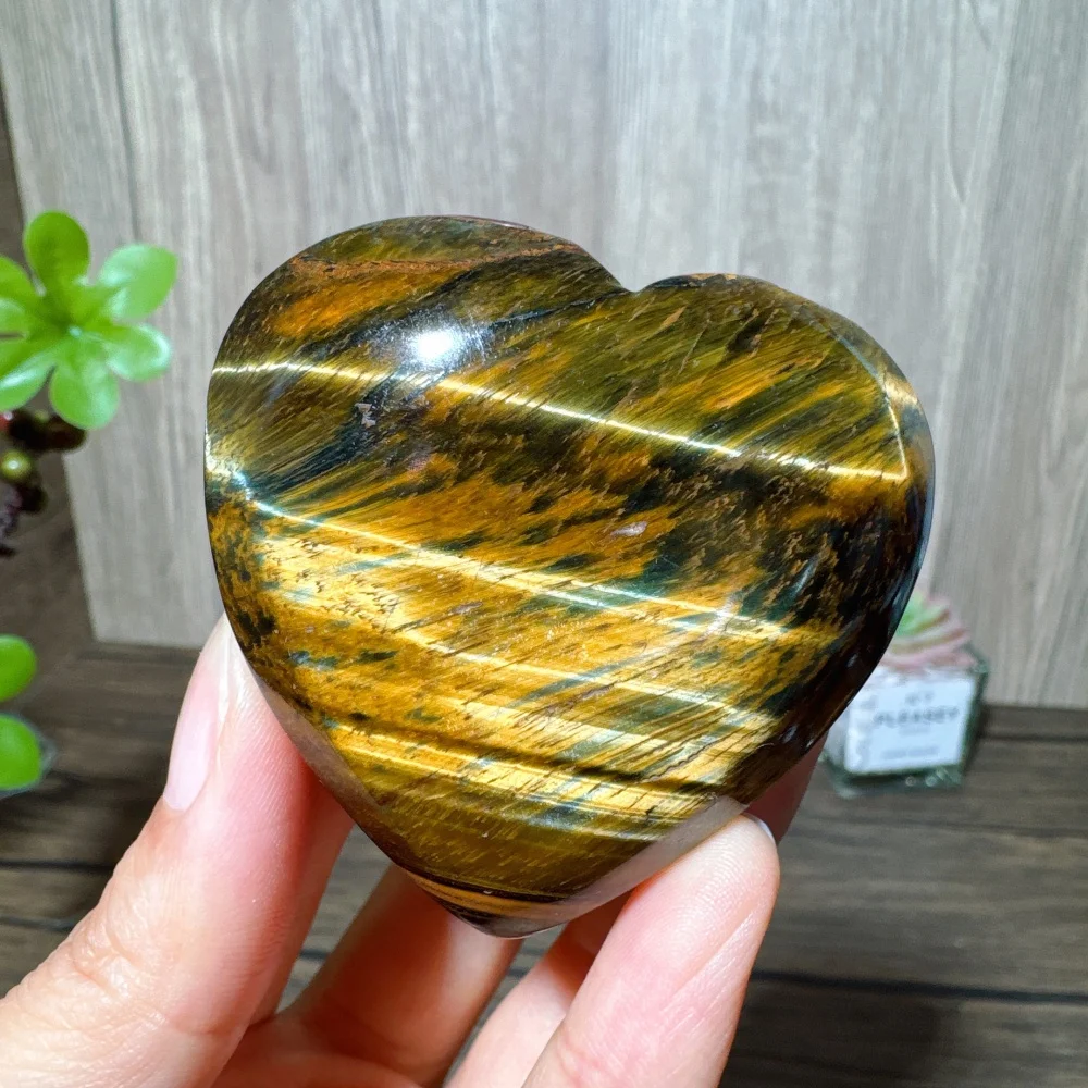 Natural Flashy Blue Yellow Tiger Eye Stone Hearts Carving Healing Crystal Reiki Energy Home Decoration Ornaments Gifts