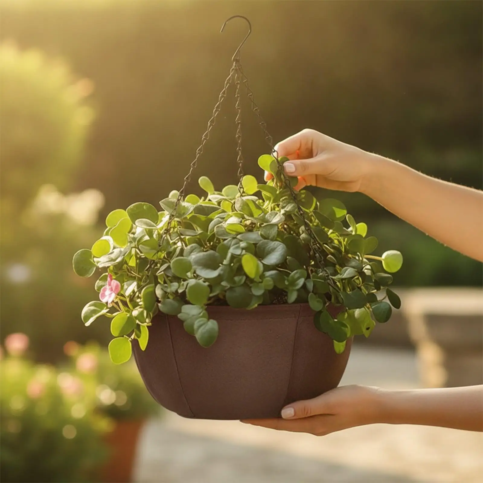Outdoor Planter Hanging Basket Nonwoven Fabric Bowl Shape with Metal Hook for Balcony Fence Porch Greenery