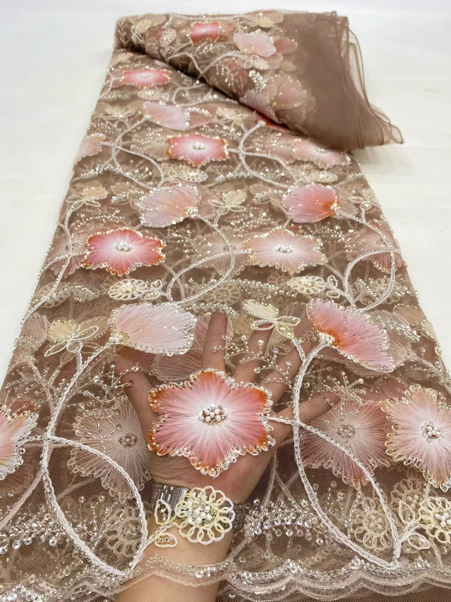 

African Nigerian 2025 High-Quality Sequins Embroidery Tulle Lace Fabric Dresses Sewing Beads Stone for Prom 5Yards DP0462
