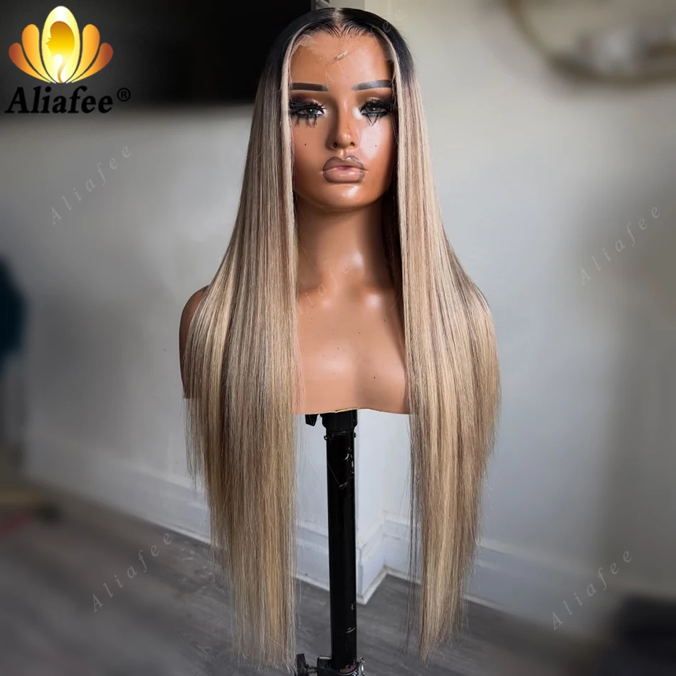 

High Level Dark Black Root Ombre Gray Blonde Long Silky Straight Wig 13x4 Transparent Lace Frontal Human Hair Natural Root Wigs