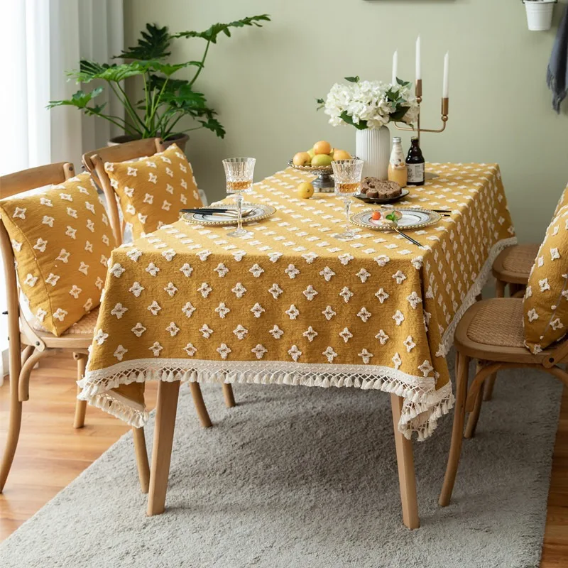 

Retro Color Woven Jacquard Tablecloth Three-dimensional Flower Cross Fringe Tablecloth Coffee Tablecloth Party Table Decoration
