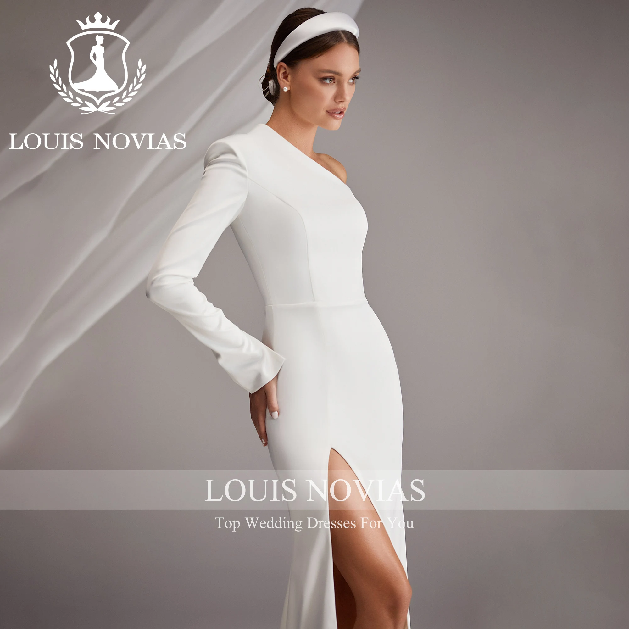 LOUIS NOVIAS Mermaid Long Sleeve Wedding Dress High Quality One Shoulder Thigh Split Zipper Wedding Gown Vestidos De Novia