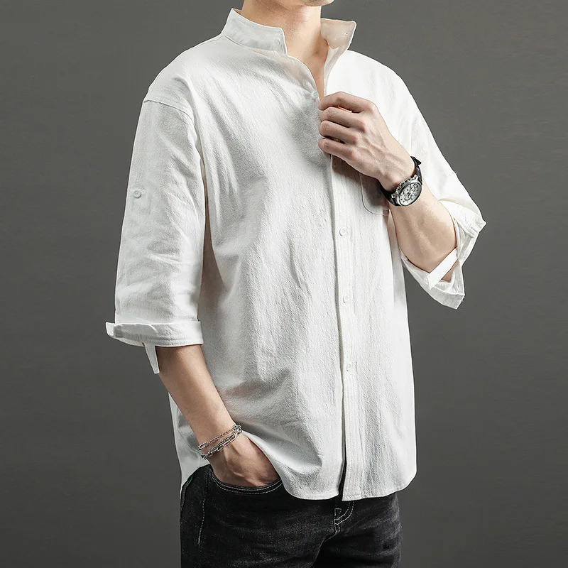 EAEOVNI Summer Linen Shirt Three-quarter Sleeve Men\'s Japanese Casual Loose Stand Collar Shirts Trend Solid Men\'s Clothing Top