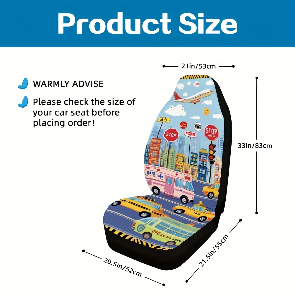 2pcs, Vehicles Traffic Signs Cityscape Cartoon Pattern Car Seat Covers, Comfortable And Easy To Install, Compatible With Sedan A