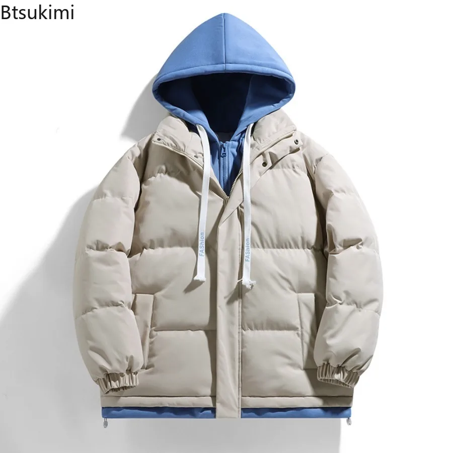 

New Men's Hooded Parkas Thickened Warm Casual Coats Winter Jackets Hip Hop Streetwear Male Fake Two Pieces Coldproof Outerwear