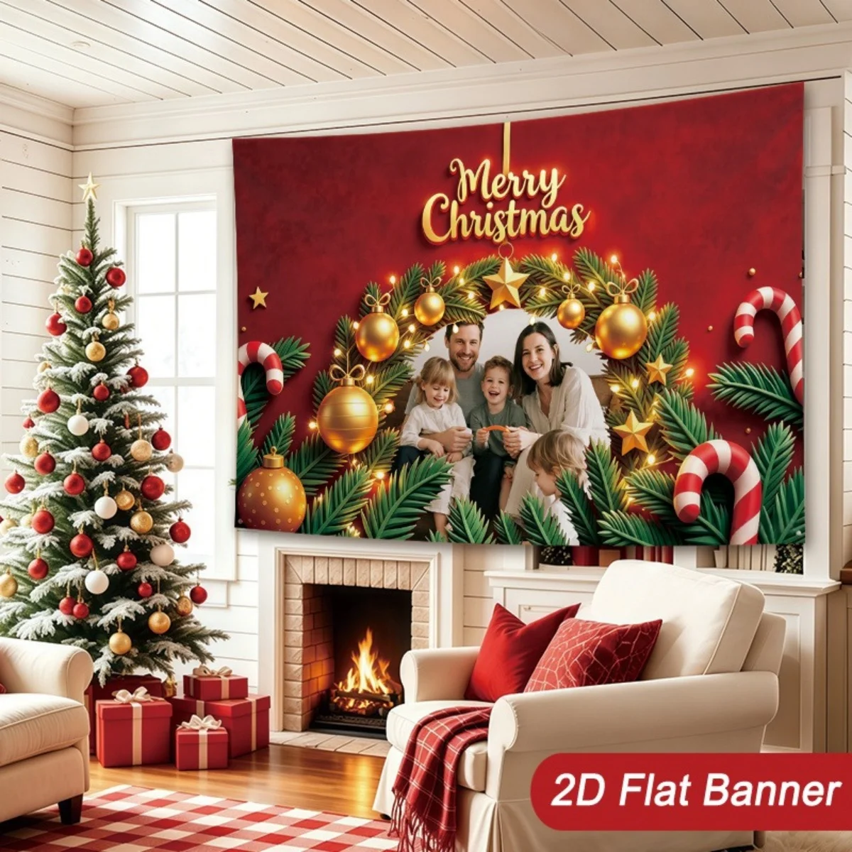 Custom Photo Christmas Tapestry Banner, Personalized Family Picture Wall Hanging Backdrop, Merry Xmas Party Home Decor