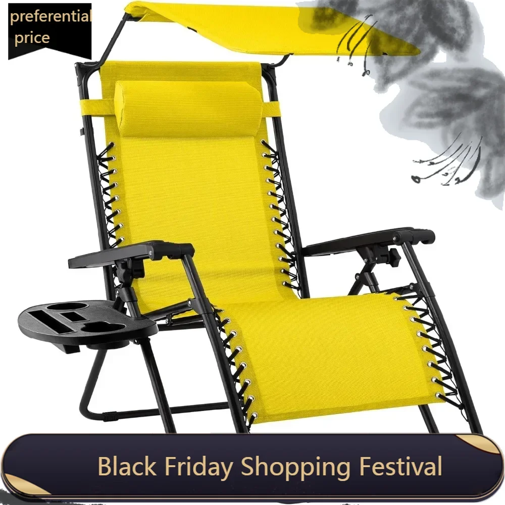 

Folding Zero Gravity Outdoor Recliner Patio Lounge Chair w/Adjustable Canopy Shade, Headrest, Side Accessory Tray