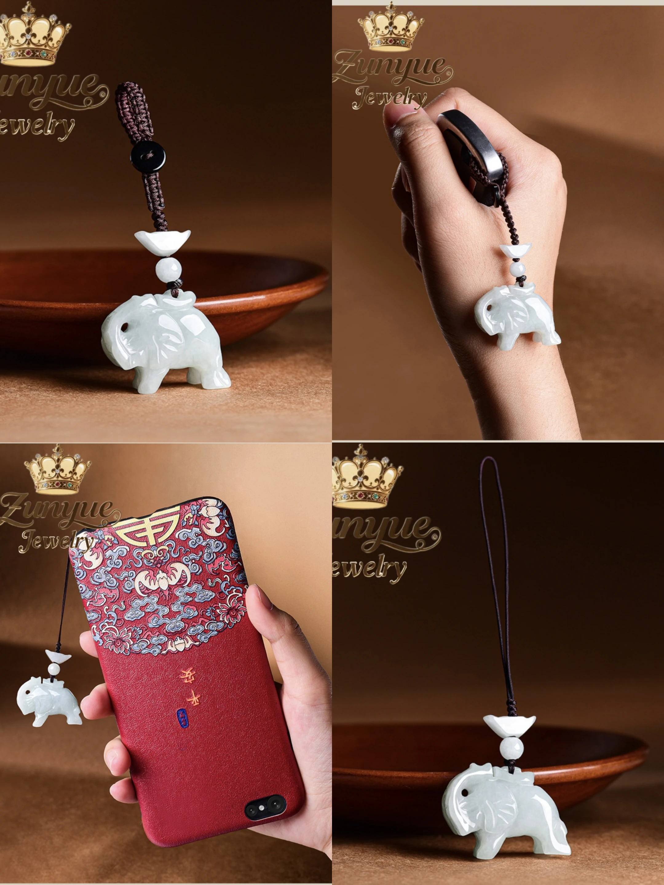 Genuine Natural Grade A Jadeite Elephant Pendant Phone Lanyard Car Keychain Bag Hanging Ornament Fashion Jewelry AccessoriesGift