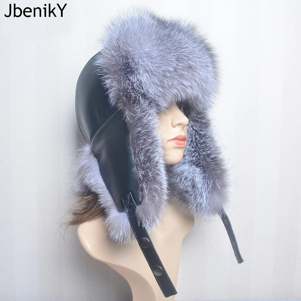 100% Real Fox Fur Hat Women\'s Russian Ushanka Aviator Trapper Snow Ski Hat Caps Ear Winter Raccoon Fur Real Sheepskin Bomber Hat