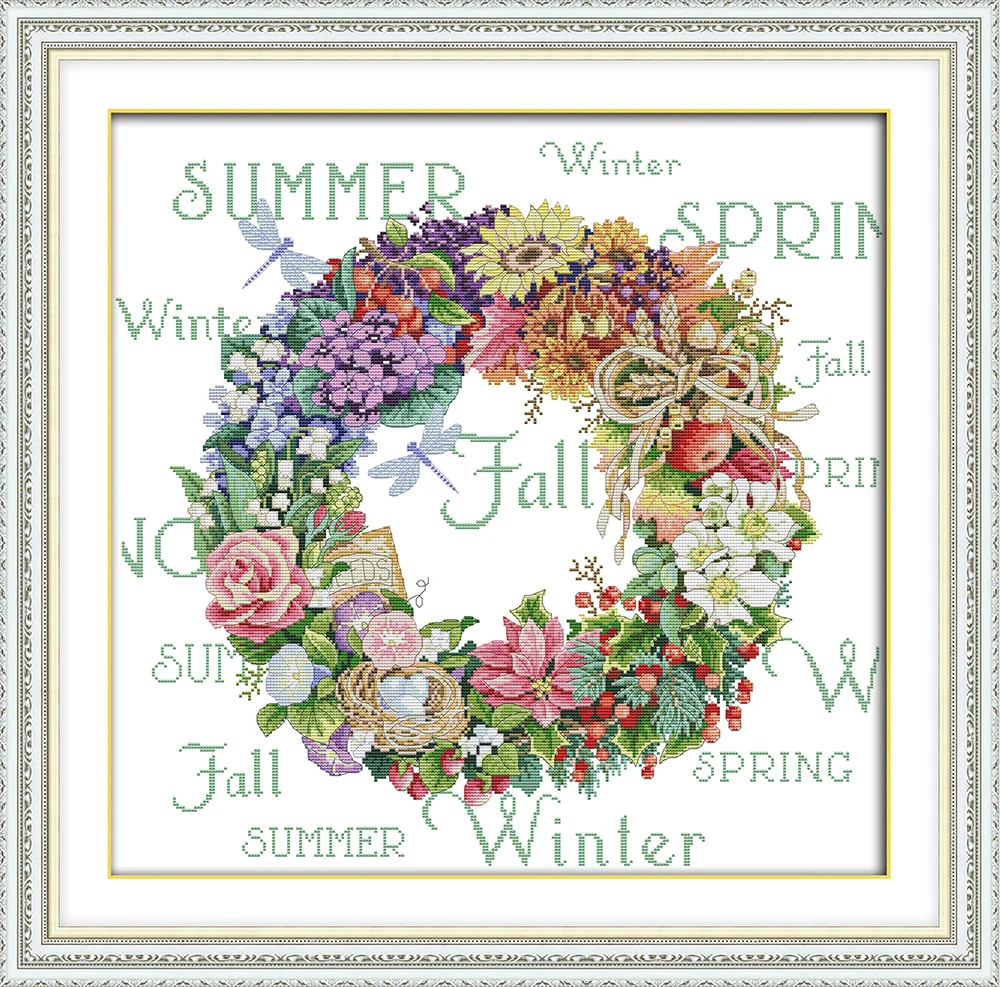 

Joy Sunday New Stamped Cross Stitch Kit,11/14/16CT DIY Easy Pattern Aida Fabric Embroidery Set-Wreath of All Seasons (5)