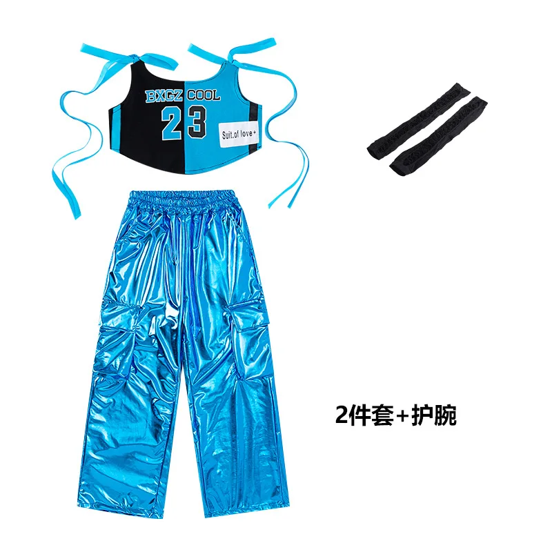 Boys Hip Hop T-shirt PU Leather Shiny Cargo Pants Girls Cool Crop Top Streetwear Kids Street Dance Costumes Child Jazz Clothes