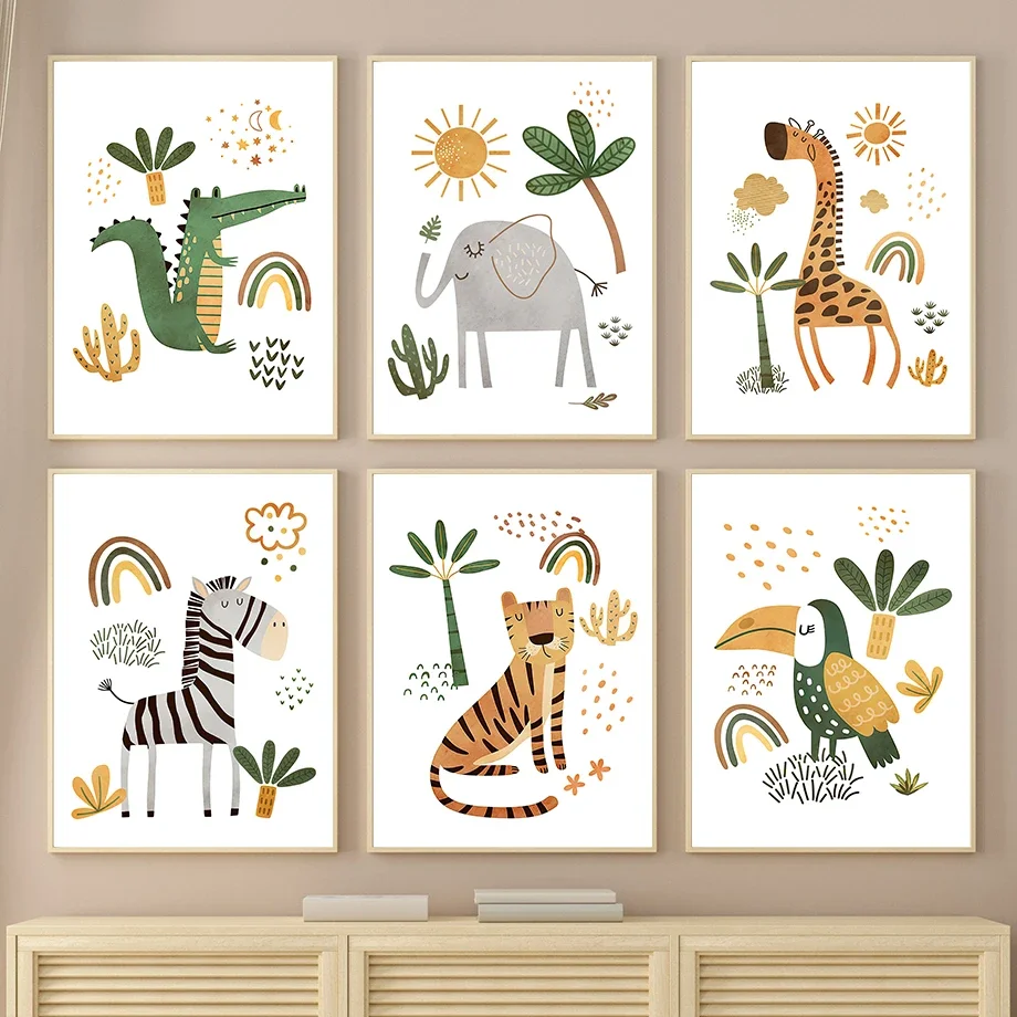 Giraffe Elefant Tiger Zebra Tukan Dschungel Tiere Wandkunst Leinwand Malerei Kinderzimmer Poster und Drucke Bilder Kinderzimmer Dekor