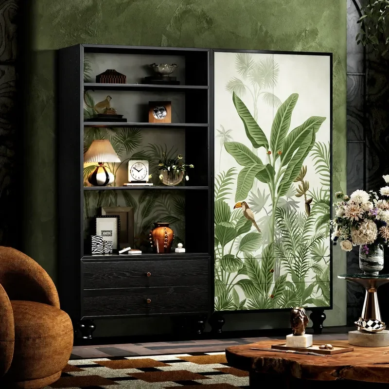 Modern Tropical Jungle Flower Bird Solid Wood Shoe Cabinet Large Capacity Storage Porch Locker Secondary Clean Wardrobe