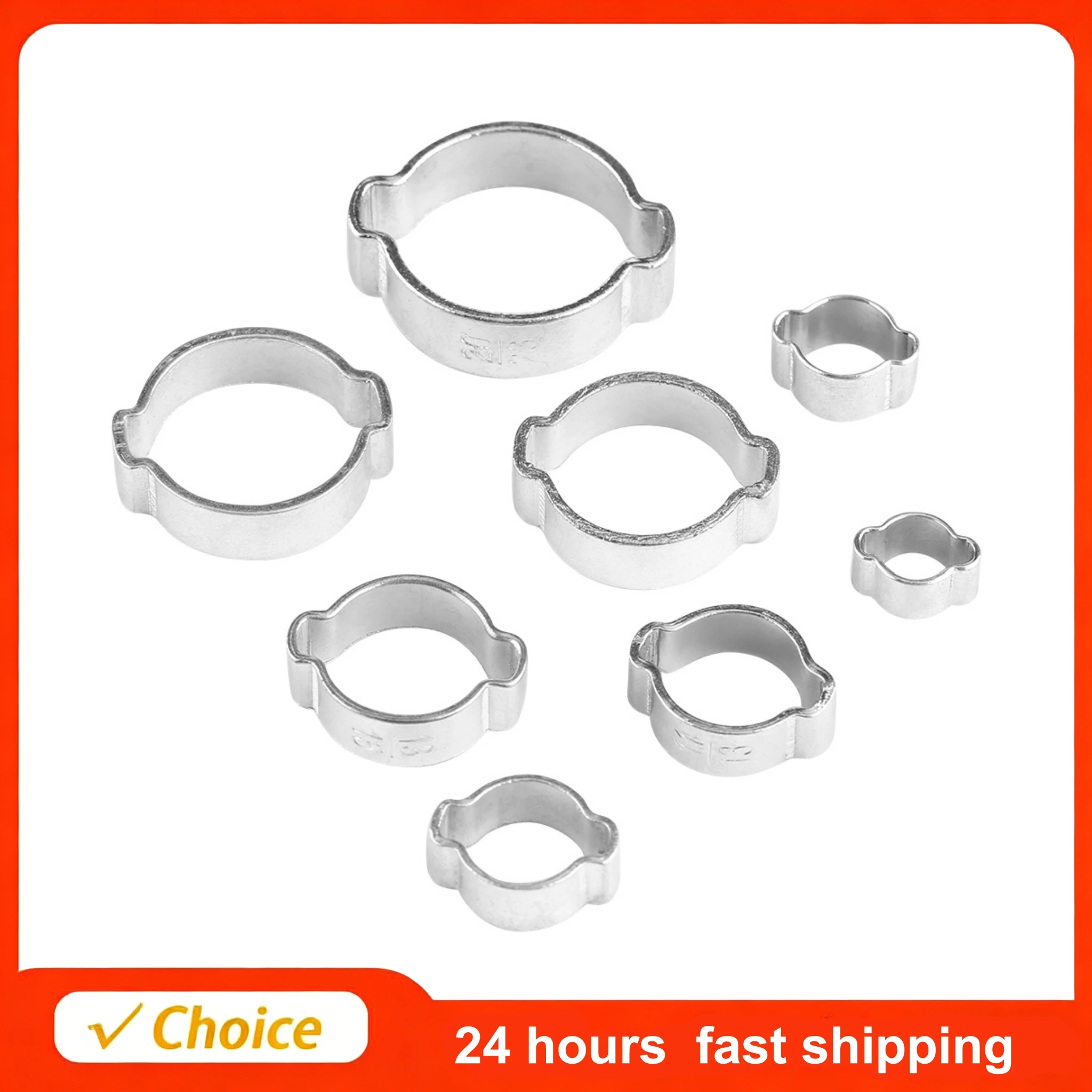 10Pcs Two Ear Hose Clamp 5‑23mm Hose Fastener for Fuel Petrol Pipe Tube 5‑23mm Iron Galvanized Ear Clamps