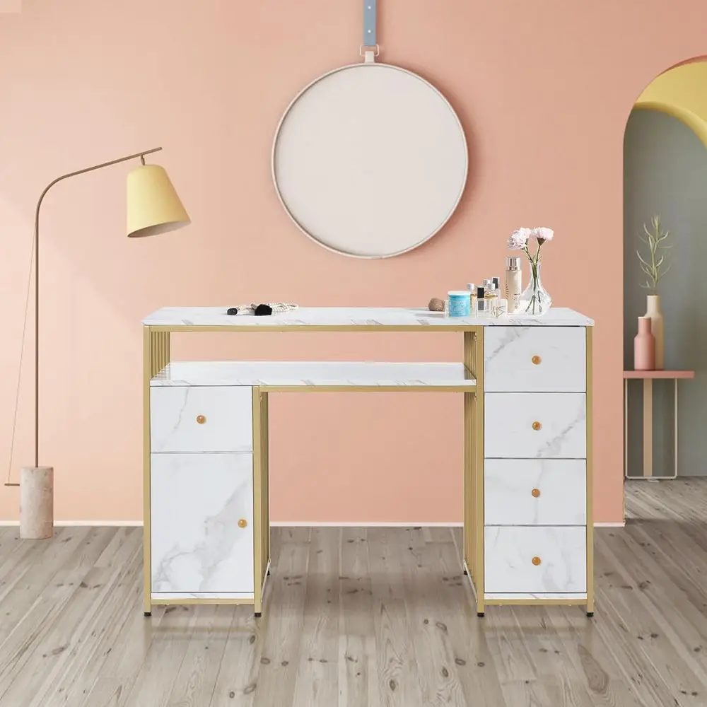 White Nail Desk with Storage Cabinet, Manicure Table, 5 Drawers, Makeup Storage, Home Beauty & Spa Workstation