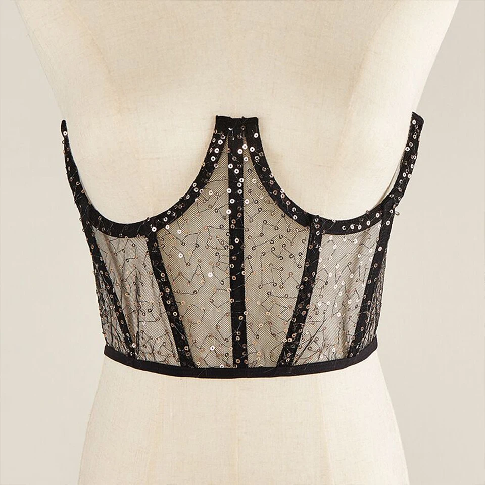 Women Corset Bustier Sequins Crop Top Lace-up Bandage Underbust Corset Cami Vest Waist Binder Bodyshaper Tank Cummerbund