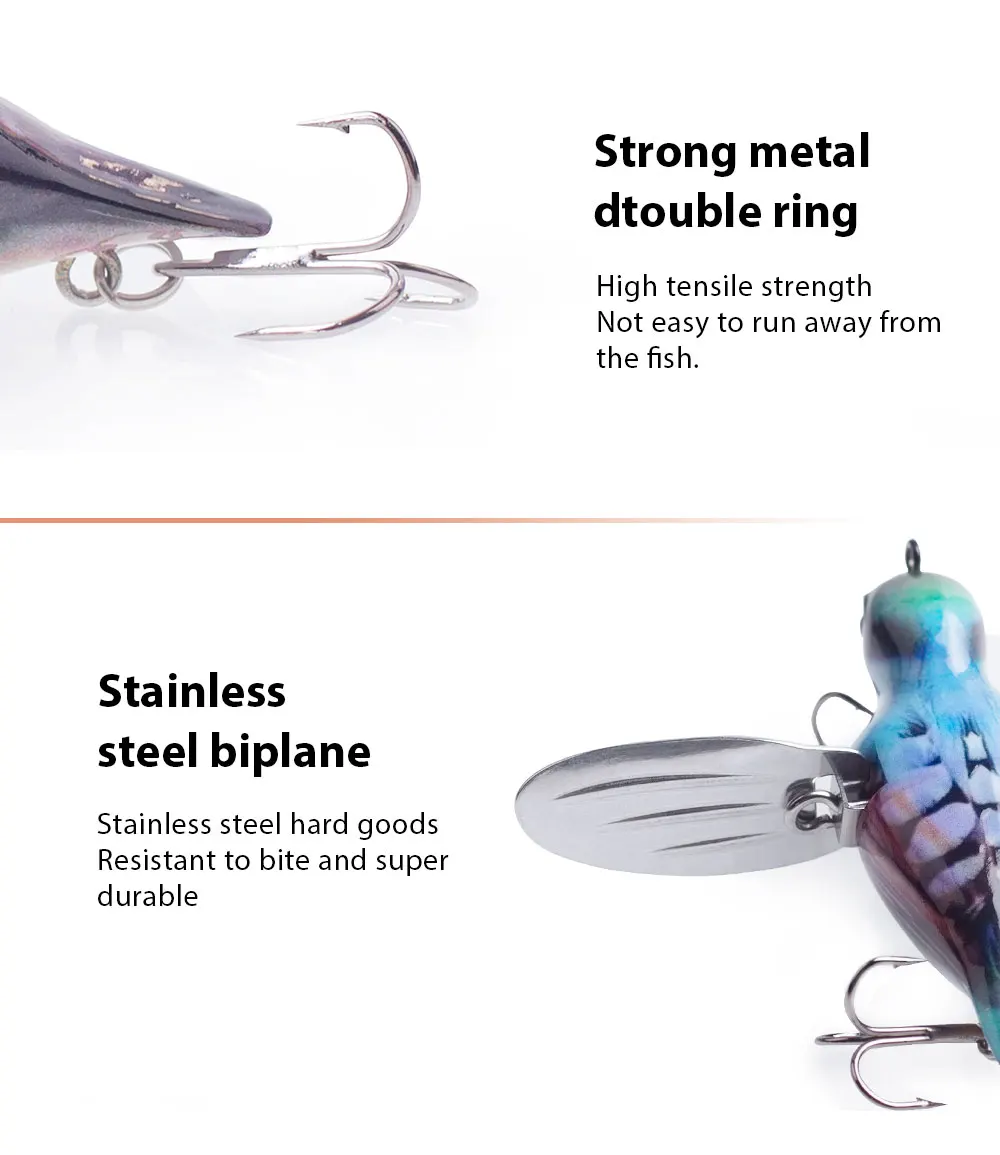 Hanlin 80mm/12g Vogel-Topwater-Popper-Köder, schwimmender Angelköder, Hartplastik-Metallflügel-Wobbler, Swimbait, Pesca, Hecht- und Barsch-Angelausrüstung – Detail 8