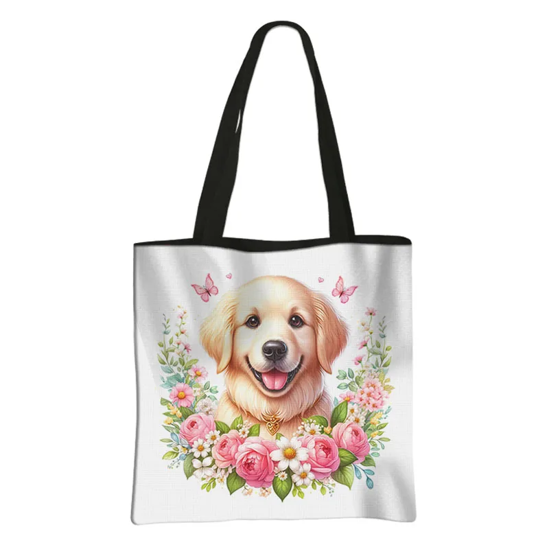 Flowers Puppy Dog Print Shopping Bags Cute Husky Chihuahua Pomeranian Women Handbag Totes Bag Animals Storage Bags Shopper Bag