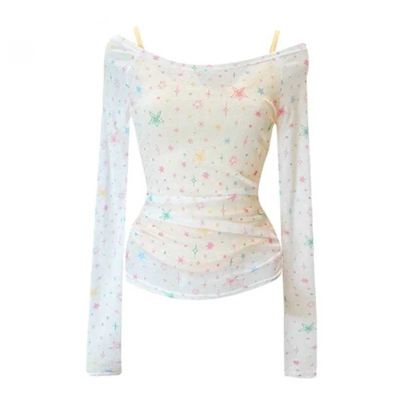 Summer Women Star Print T-shirt Harajuku Korean Y2k Tee Top Korean Fashion Vintage Slim Fashion Chic T-shirt Clothes 2024 Summer