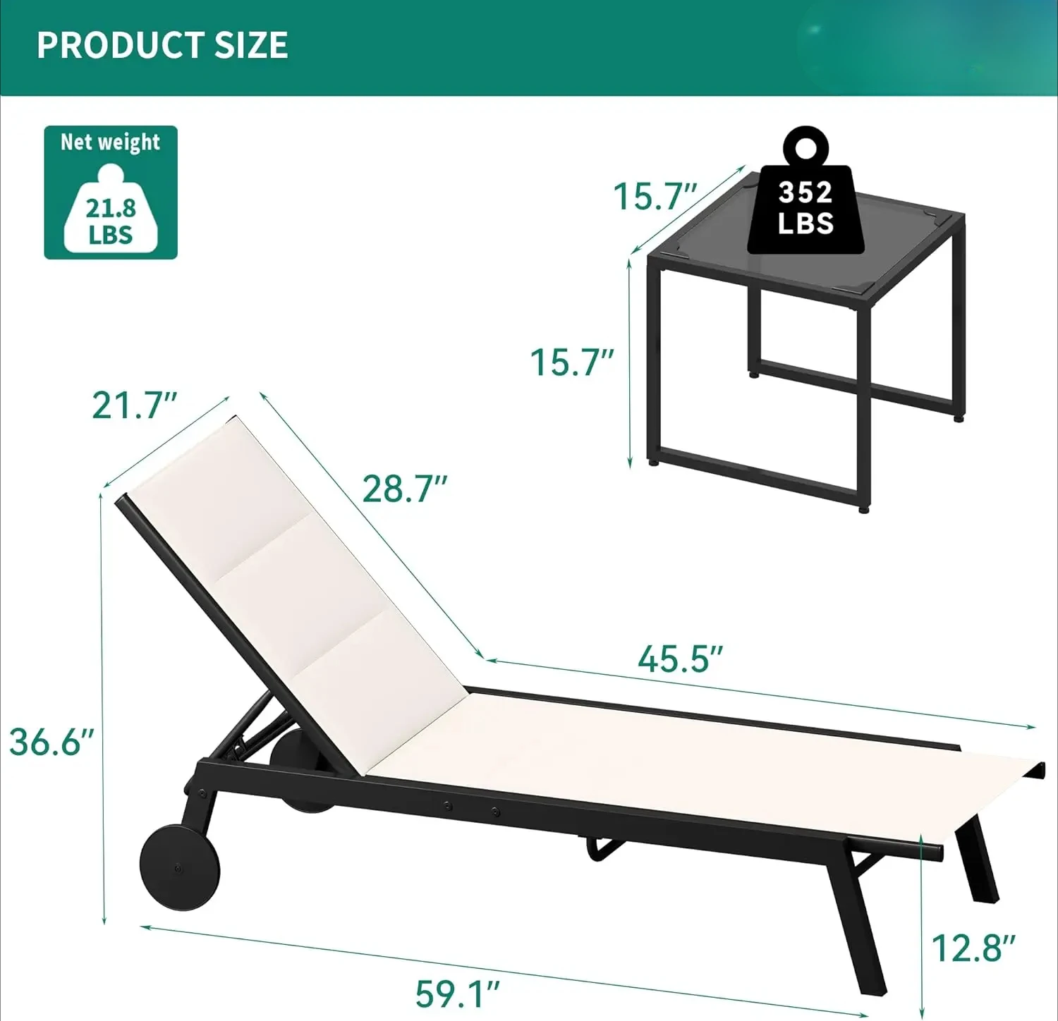 3, Aluminum Outdoor Lounge Chairs with Side Table, Padded Fabric, and Wheels, Adjustable Bac