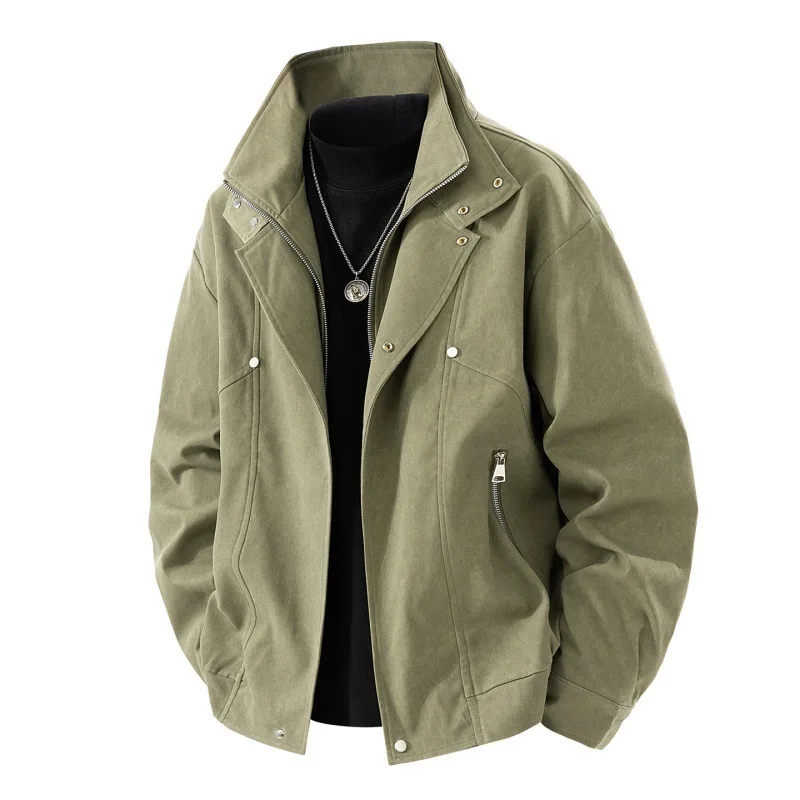 

2023 Осенняя мужская куртка в американском стиле ретро с воротником-стойкой, ветрозащитная мужская верхняя одежда, простое однотонное мужское пальто на молнии с длинными рукавами