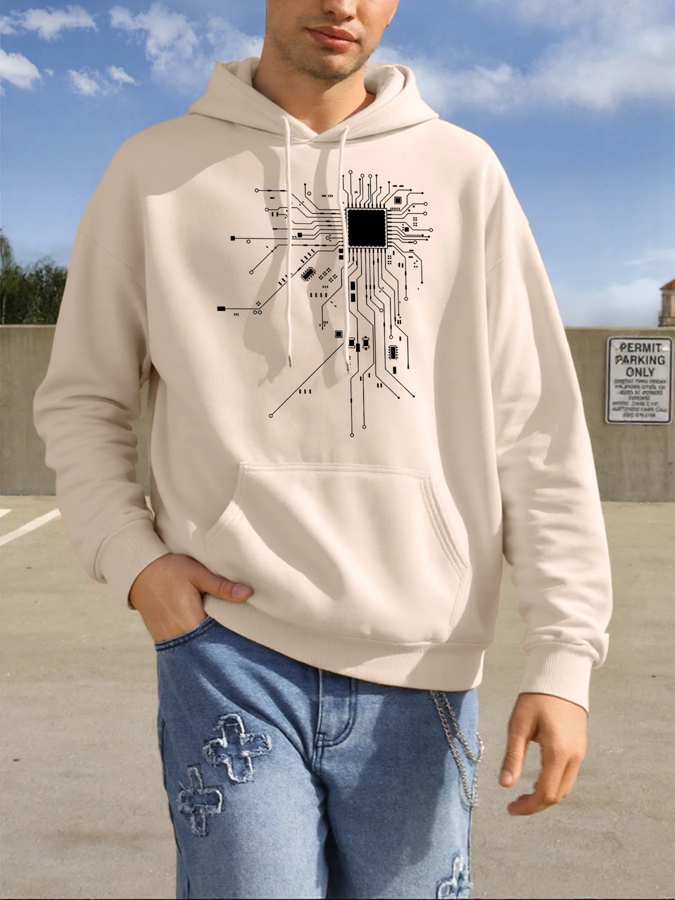 Chip Circuit Graphics Print Männer Streetwear Casual Hip Hop Hoodie Sport Fleece Hoodies Y2K Bequeme Hoody Lose Übergroßen Top