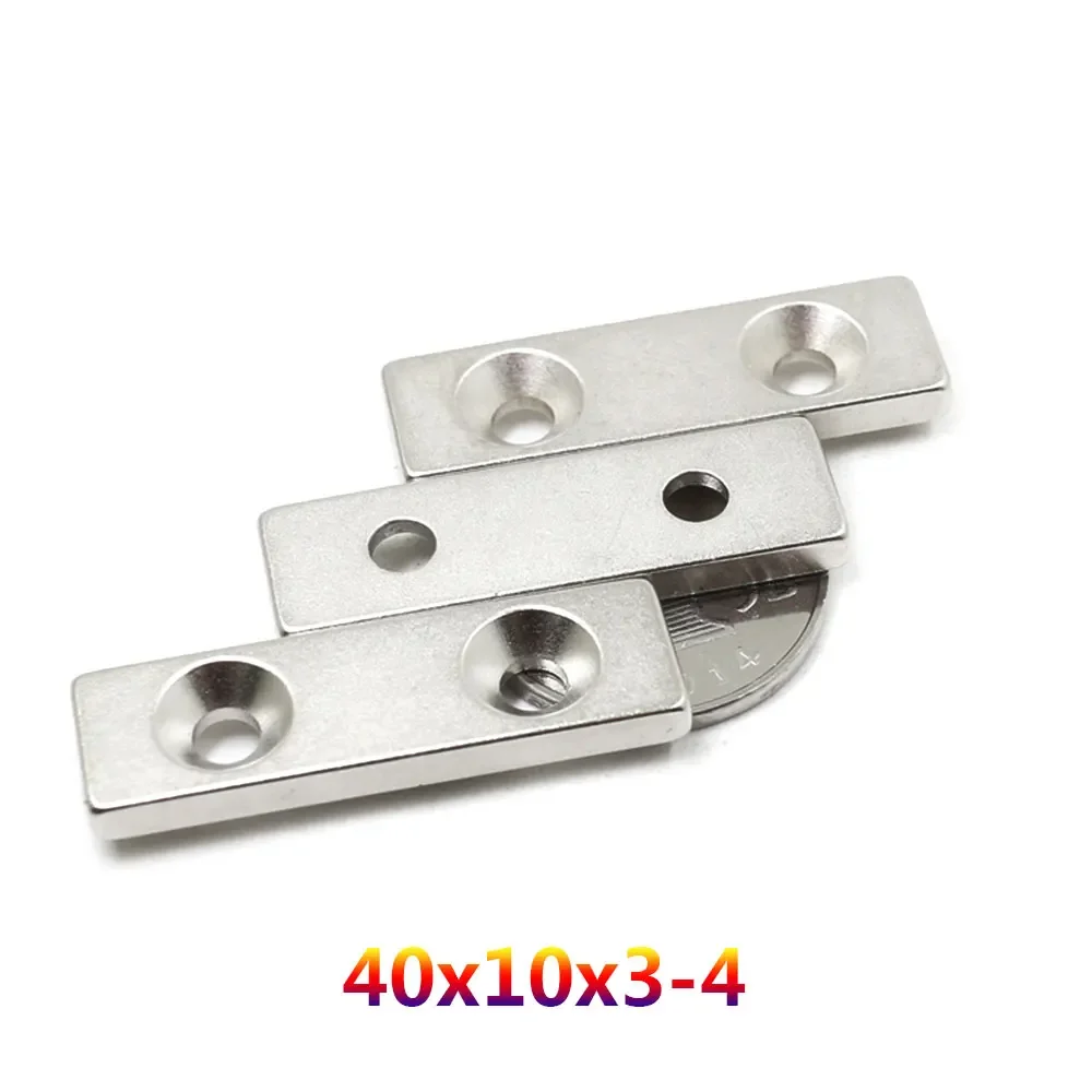 3PCS 40x10x3-4  40x10x4-4 40x10x5-4 40x10x5-5mm Block Powerful Strong Magnets Countersunk Holes 4mm Long Sheet Neodymium Magnet