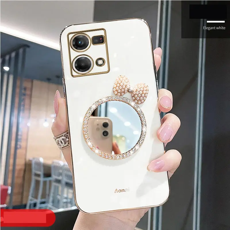 Make up Mirror Diamond Bling For Oppo Reno7 Reno8T Reno 7 5F 2 2Z 2F 3 5 6 6Z 8T 9 4G 5G Z RenoZ Reno6 Z Reno2 Stand Cover