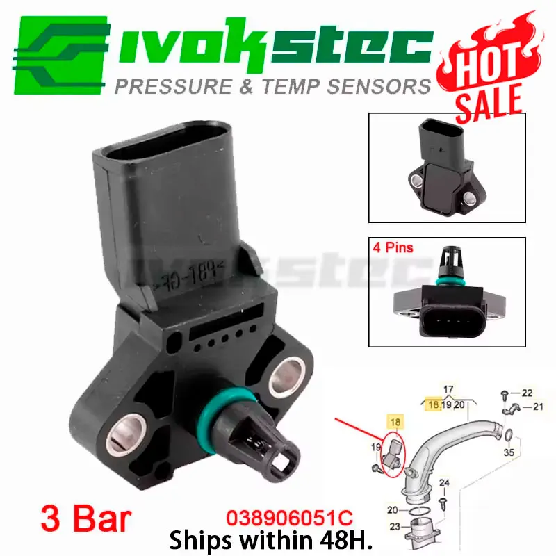 038906051C 3Bar Manifold Pressure MAP Sensor 1.9Tdi For Audi A2 A4 B6 A6 C7 3.0 TDI VW Golf 5/6/7 2.0 GTI Passat B5 Polo 00-24