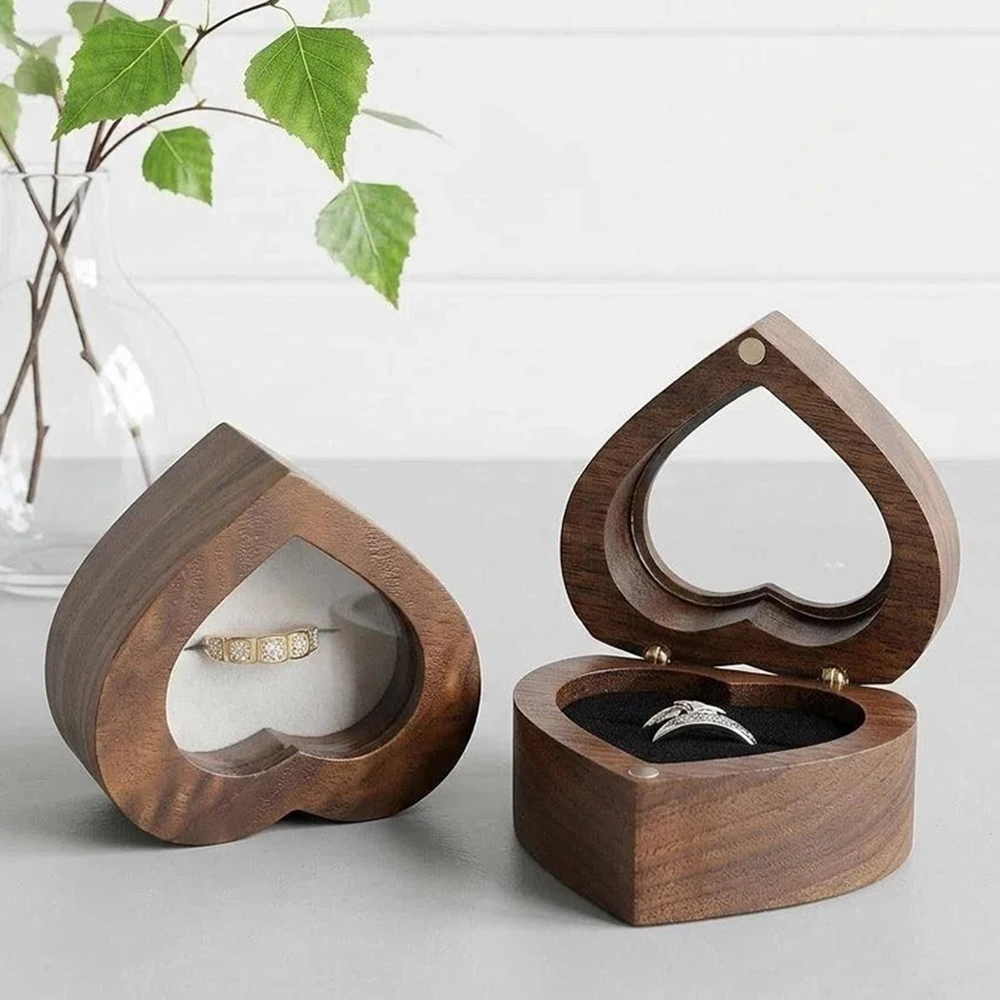 

Heart Shaped Flip Cover Diamond Ring Storage Gift Box Open The Window Solid Wood Wedding Ring Box Proposal Flannel Jewelry Box