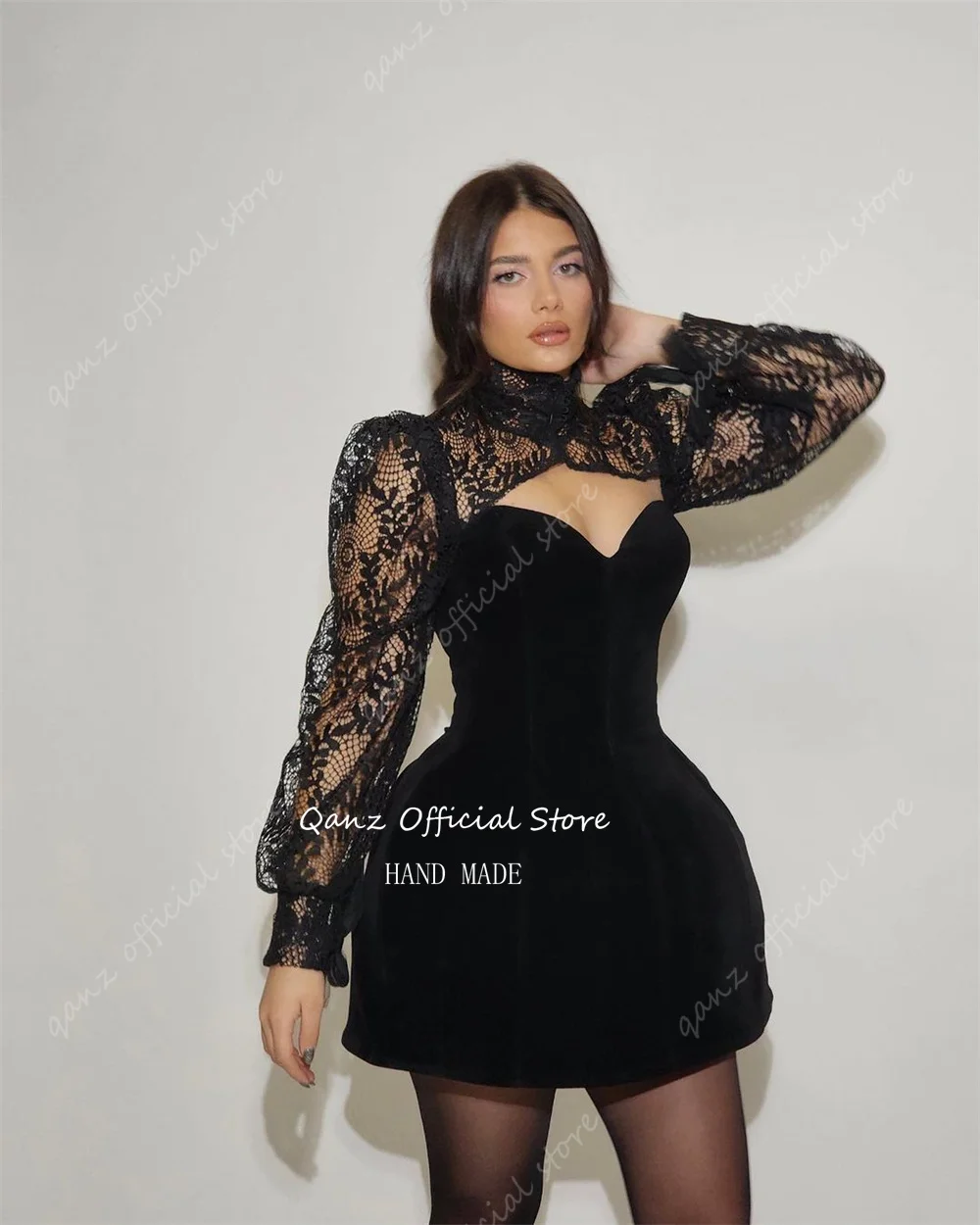 Qanz Black Birthday Dress Luxury 2024 Glam Velour Sweetheart Short prom Dreses Long Sleeves Mermaid Lace Masquerade Customized