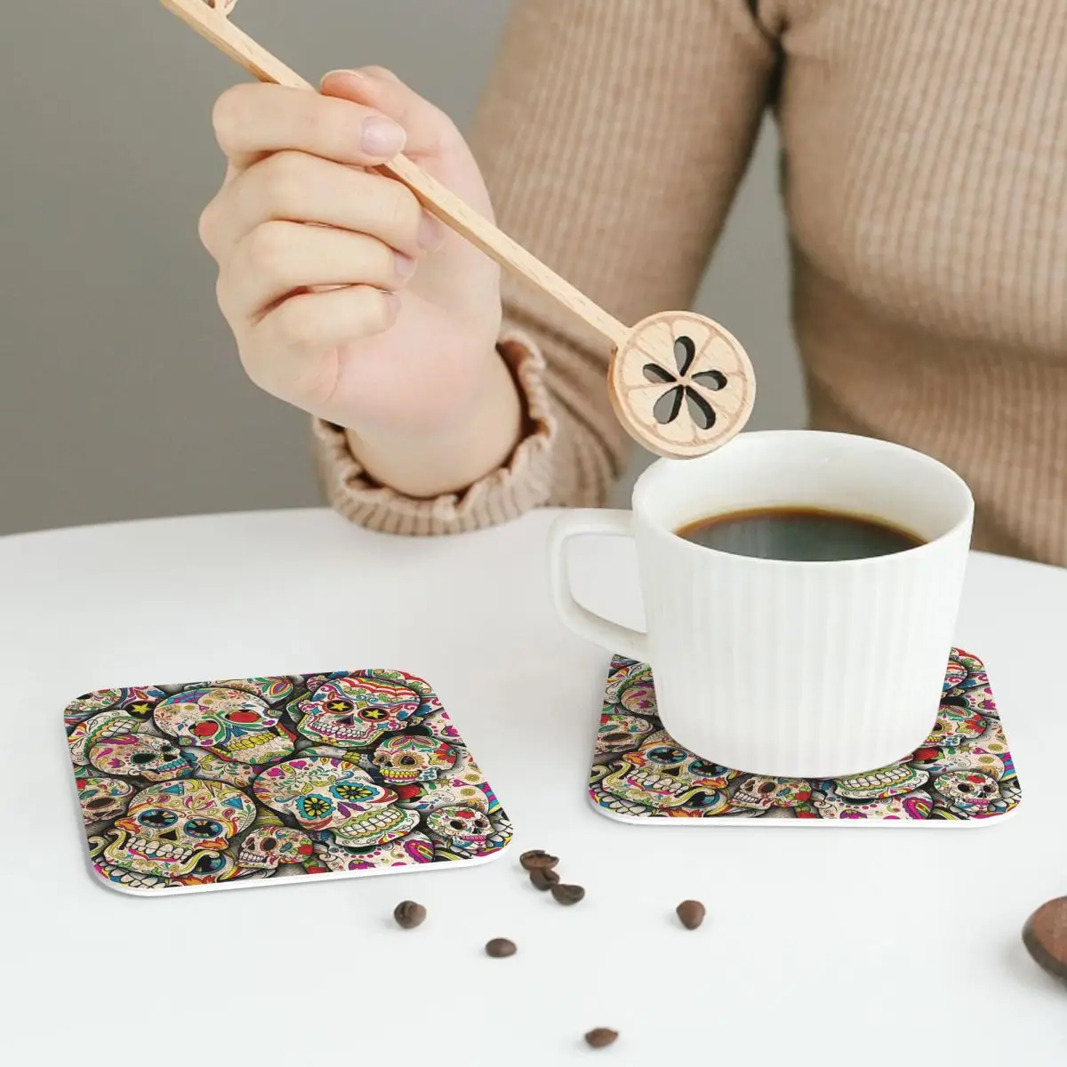 Sugar Skull Collage Coasters PVC Leather Placemats Insulation Coffee Mats for Home Kitchen Dining Pads Set of 6