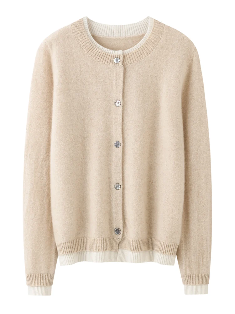 

100% pure cashmere cardigan women's round neck contrast fake two-piece knitted sweater with slim bottoming round neck coat.