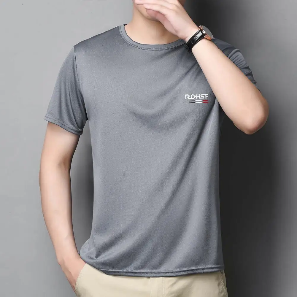 Men Ice Silk T-shirt Summer Quick-drying Short Sleeves O Neck Men Top Loose Solid Thin Sport Top Breathable Elastic Pullover