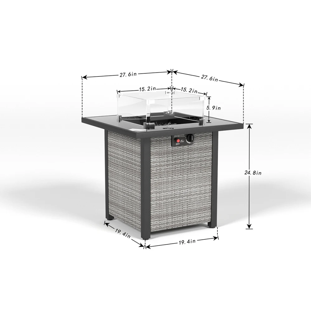 Mesa para fogueira propano de 28 polegadas, rattan e vime, fogões a gás 50000 BTU, tampo de vidro temperado com pára-brisas de vidro