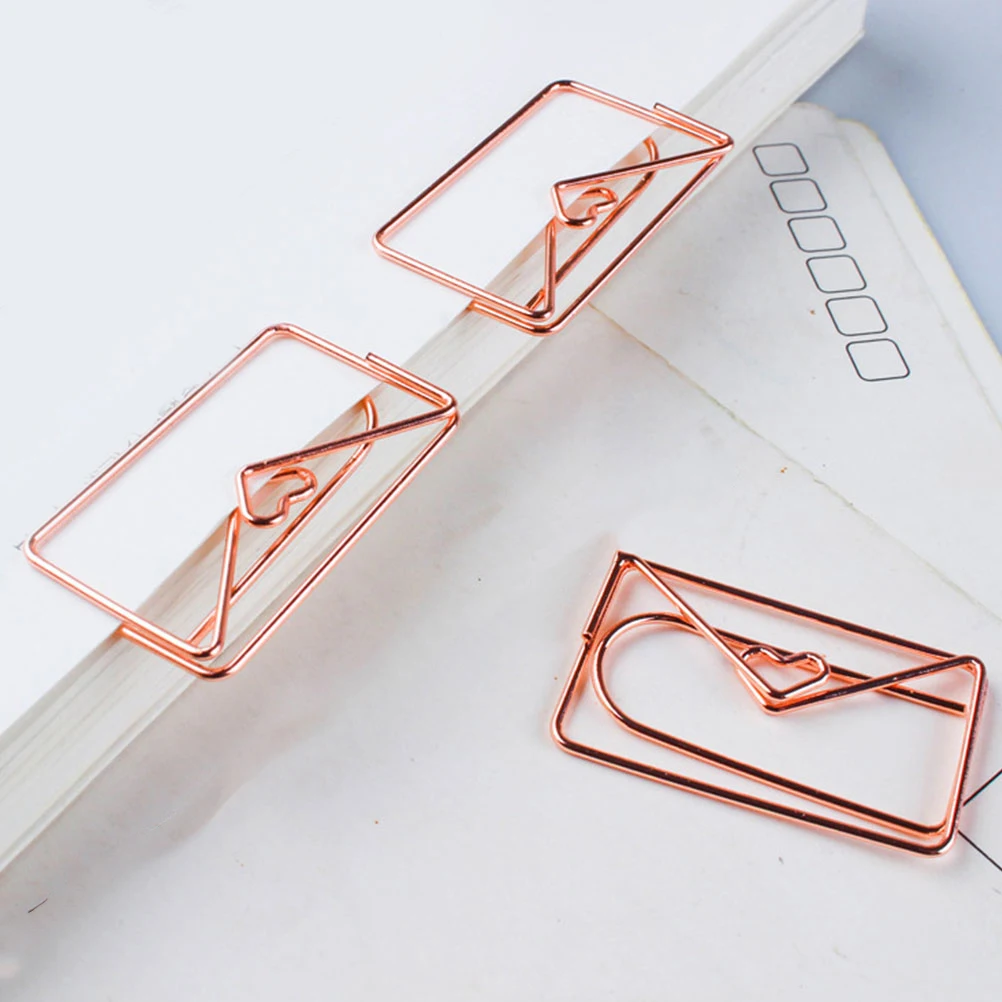 20 Pcs Heart Shaped Envelope Paper Clips Rose Gold Office Accessory Portable Bookmarks Creative Stationery