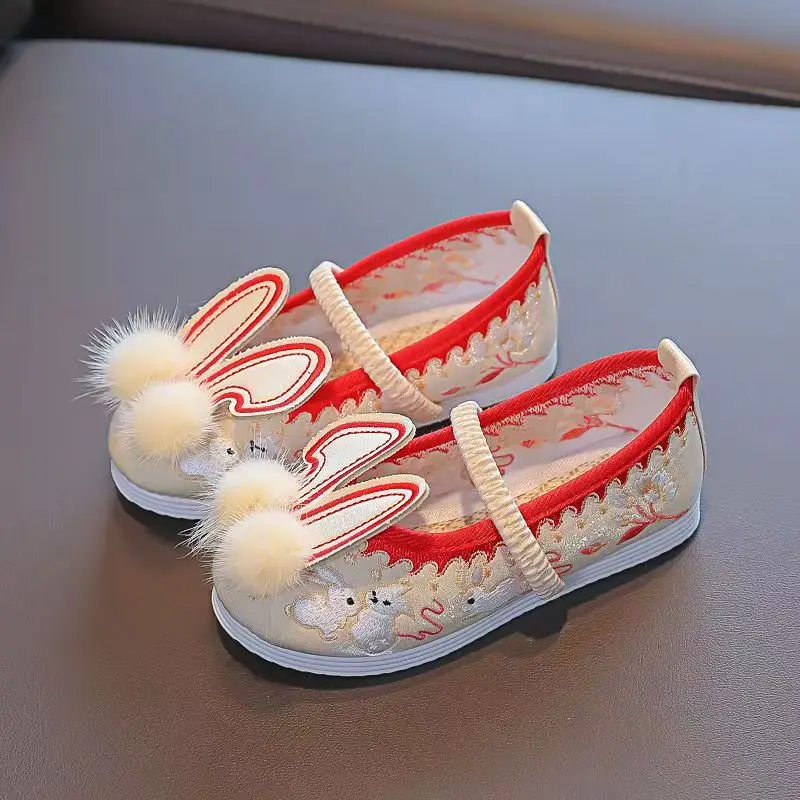 Girl's Flat Sole Embroidered Princess Shoes Spring Summer New Soft sole Round Toe Shallow Slip On Ethnic Style Hanfu Shoes