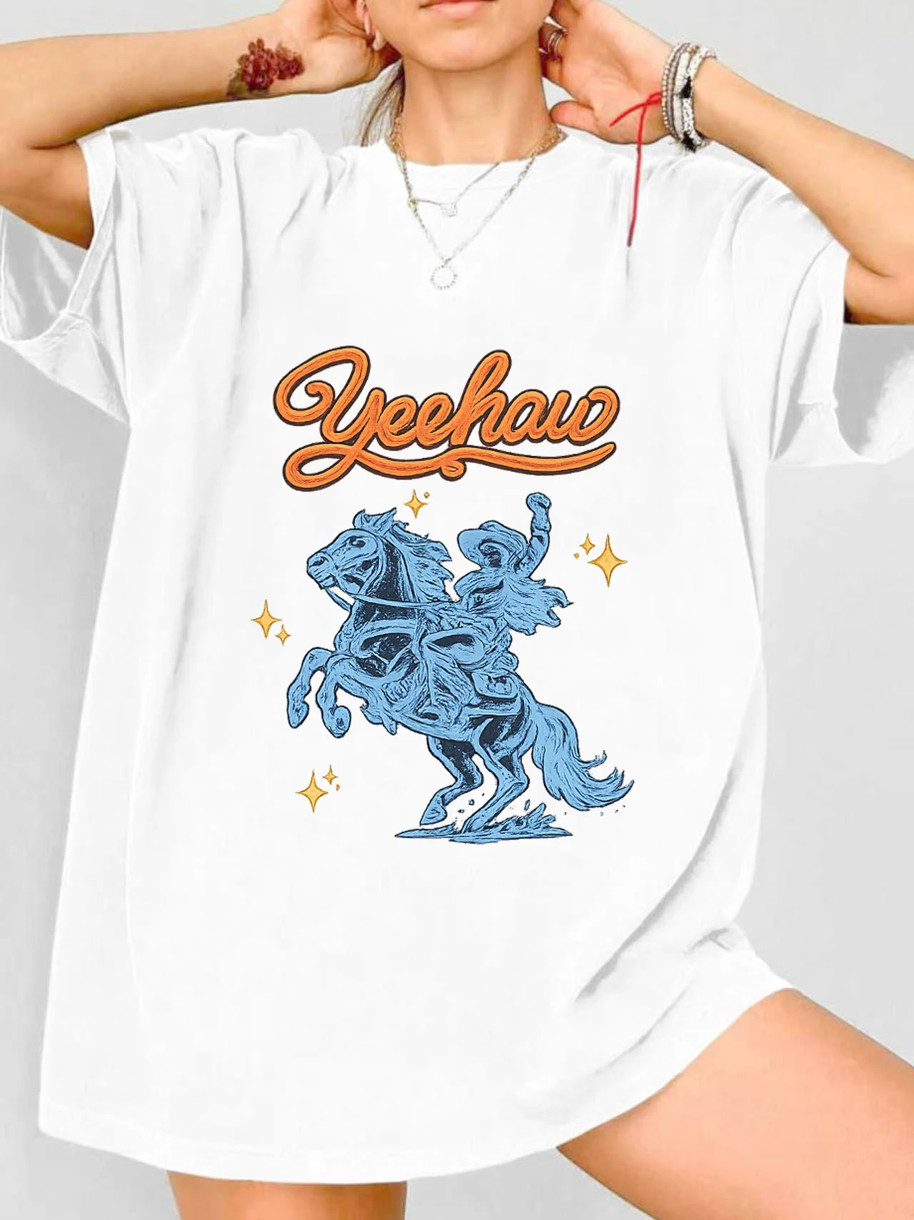 

【WDS03203】Plus size women's round neck short sleeve T-shirt with elastic half sleeves and trendy prints