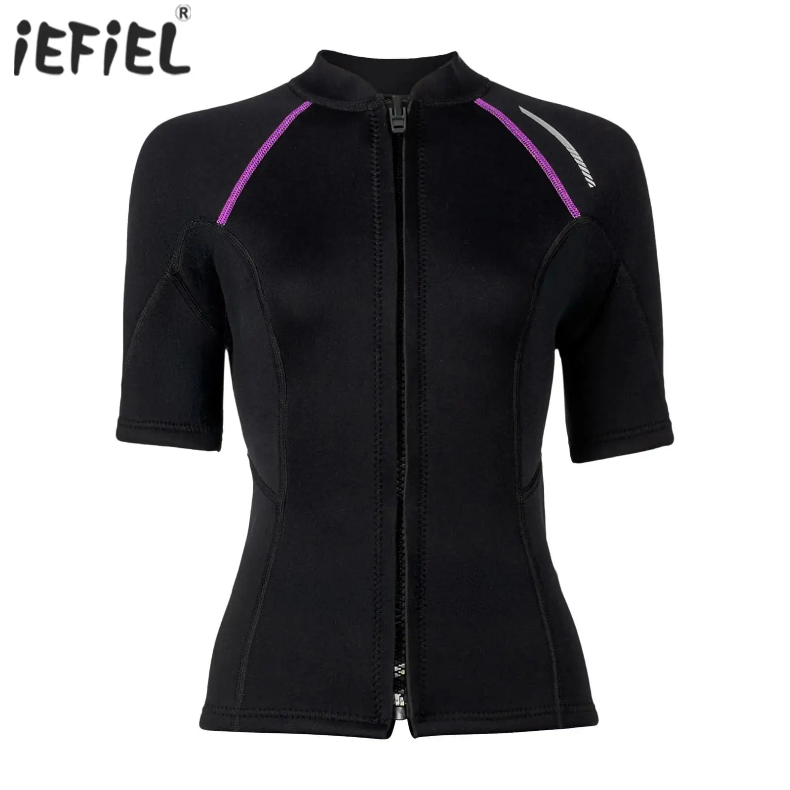 Womens Swim Tops Short Sleeves Front Zip Wetsuit Tops 1.5mm Neoprene Swim Tops for Swimming Diving Surfing Snorkeling Kayaking