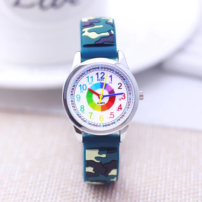 

2024 new sale fashion children child boys girls silicone Camouflage Rainbow digital quartz wristwatch students learn time watch
