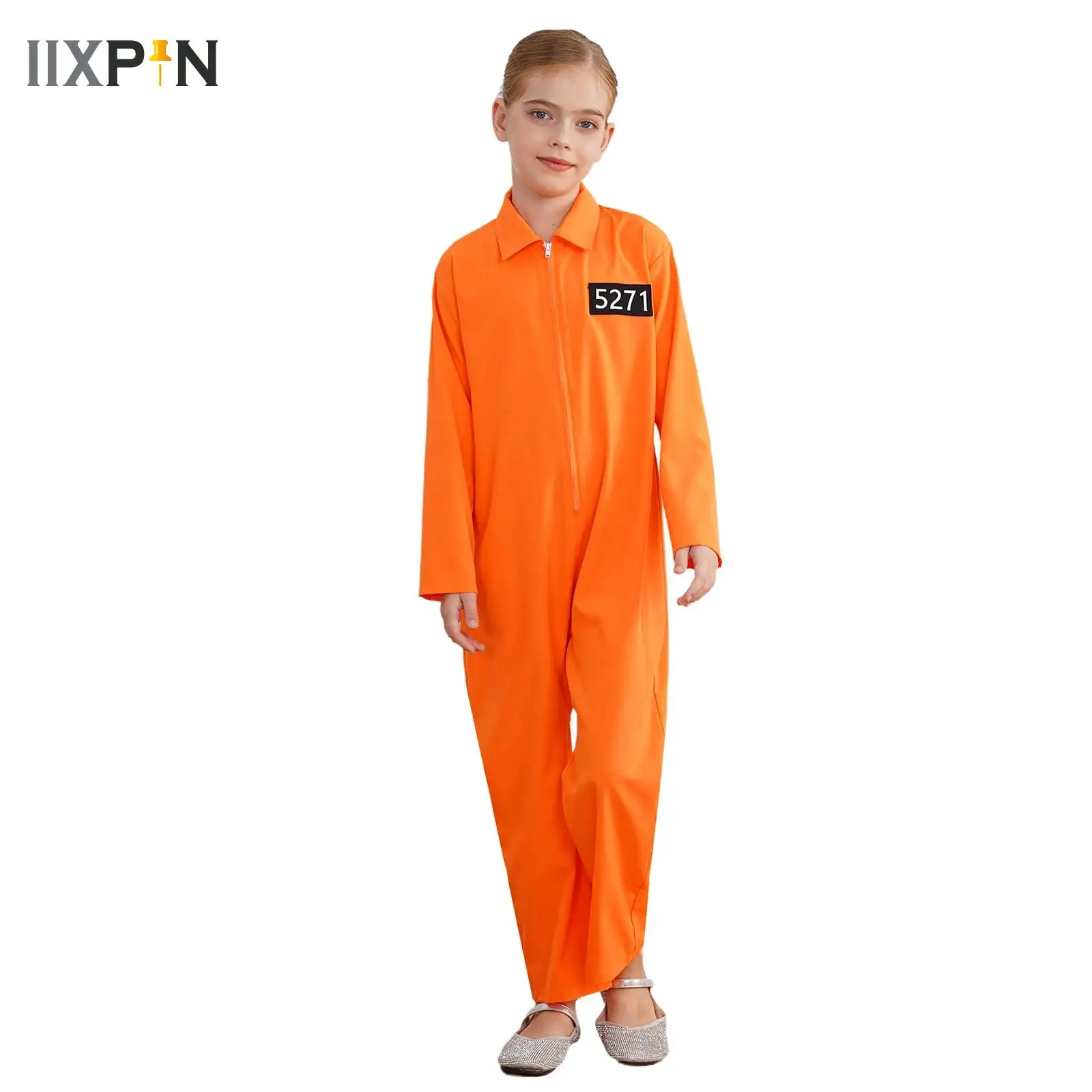 Disfraz de prisionero para niños y niñas, traje de cuerpo completo de una pieza, mono de prisión, uniforme de Halloween, mono entrante de Jailbird naranja