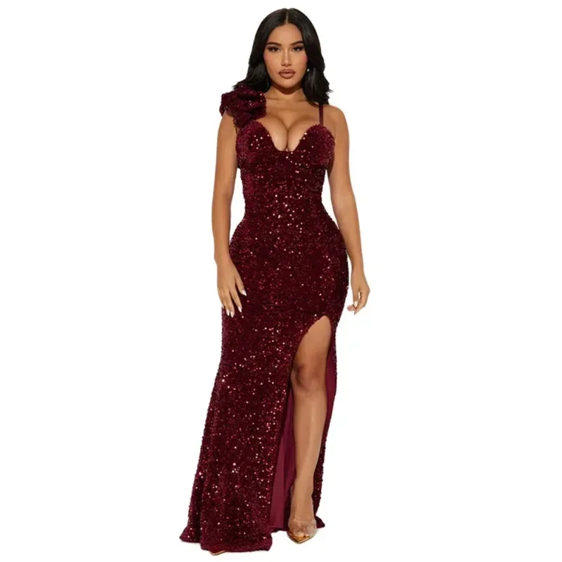 Kxu 2025 feminino lantejoulas sem alças cortar bodycon longo maxi vestido oco para fora sexy noite festa vestidos de baile