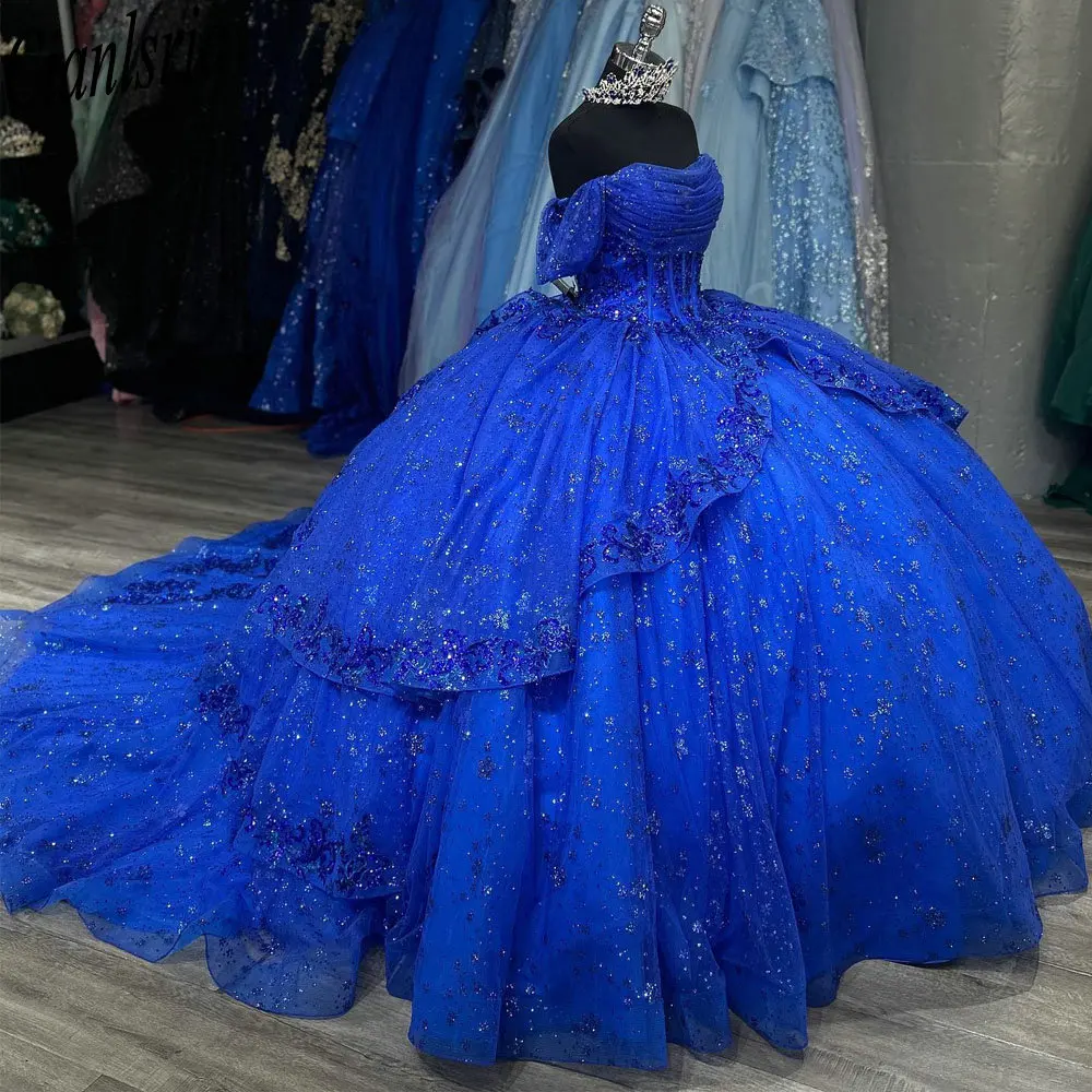 Vestido De quinceañera azul real con lentejuelas brillantes, De encaje vestido De baile De cristal, corsé con volantes y hombros descubiertos, Años XV