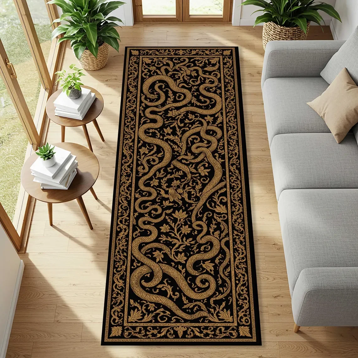 Snake Runner Rug Coiled Serpent on Cracked Soil with Wild Pine Florals Earthy Nature Witch Decor Boho Forestcore Reptile Runner