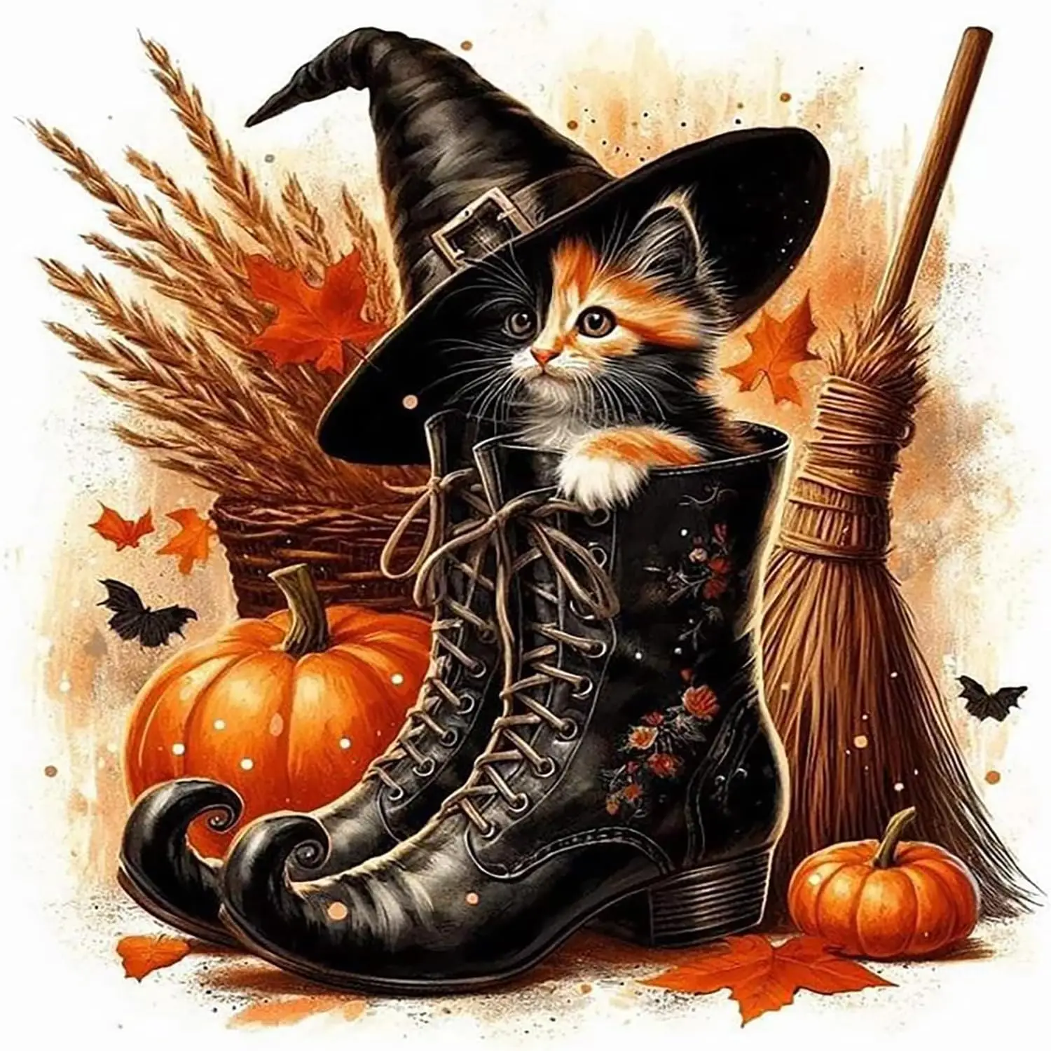 RUOPOTY Halloween-Diamantgemälde, Hexenhut, voller runder Bohrer, Mosaik, Kürbis, Diamant-Stickerei, Kunst, Strassbilder