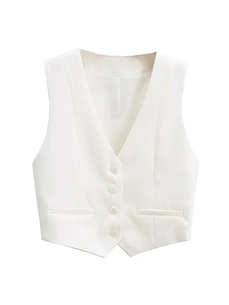 

Aoaiiys Vest Women Cropped Waistcoat Fashion Front Buttons Tops Vintage V Neck Sleeveless Female Outerwear White Chic Vests New